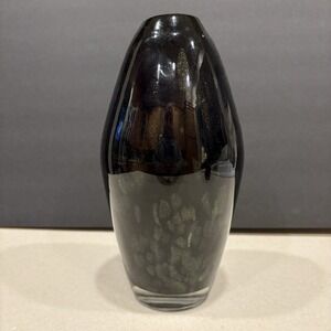 Hand Blown Art Glass Vase Black Gold Speckled Teardrop 10" Studio Decor